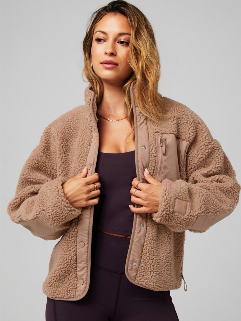 Fabletics Tahoe Teddy Jacket in Taupe - Women's Cozy Zip-Up Coat
